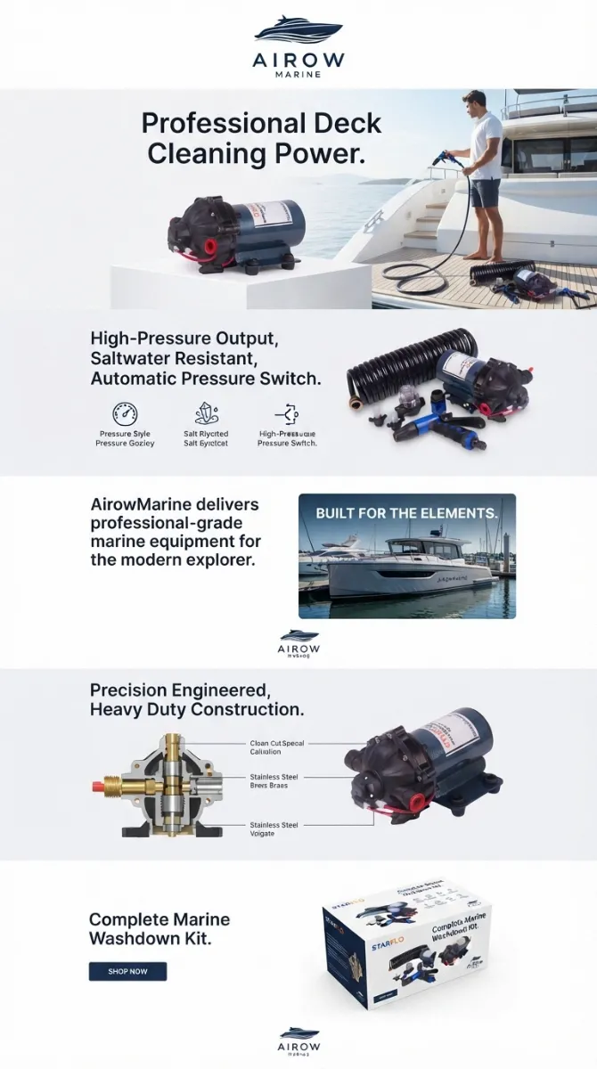 Airow Marine Professional Deck Cleaning Power infographic showing high-pressure output, saltwater resistance, automatic pressure switch, precision-engineered components with stainless steel and brass parts, and complete marine washdown kit packaging