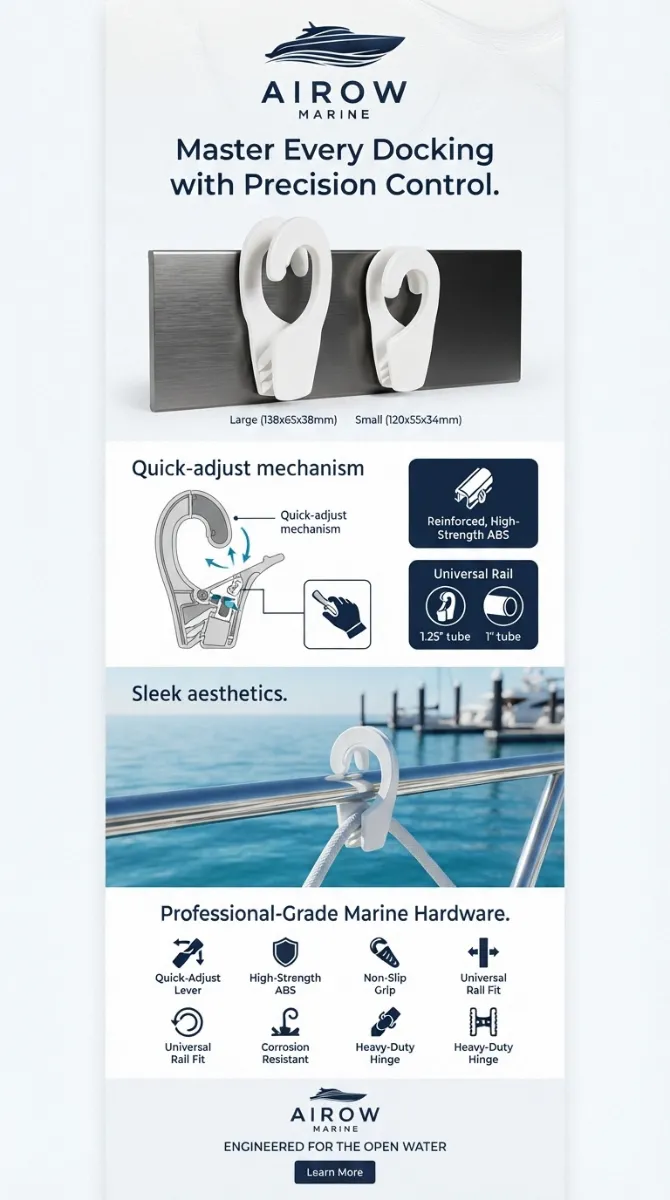 Infographic detailing AIROW MARINE fender quick-adjust hook features including reinforced high-strength ABS, quick-adjust mechanism, universal rail fit for 1 inch and 1.25 inch tubes, non-slip grip, heavy-duty hinge, corrosion resistance, and specific dimensions for large (138x65x38mm) and small (120x55x34mm) hooks.