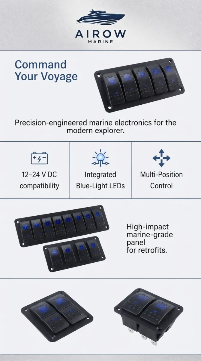 Infographic detailing AIROW MARINE rocker switch panel features: 12-24V DC compatibility, integrated blue-light LEDs, multi-position control, and high-impact marine-grade panel construction.