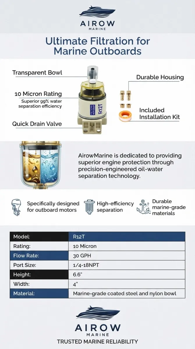 Airow Marine R12T Fuel Filter Water Separator Infographic: Ultimate Filtration for Marine Outboards. Features: Transparent Bowl, 10 Micron Rating (Superior 99% water separation efficiency), Quick Drain Valve, Durable Housing, Included Installation Kit. AirowMarine provides superior engine protection through precision-engineered oil-water separation technology. Specifically designed for outboard motors, high-efficiency separation, durable marine-grade materials. Specifications: Model R12T, Rating 10 Micron, Flow Rate 30 GPH, Port Size 1/4-18NPT, Height 6.6", Width 4", Material Marine-grade coated steel and nylon bowl. Airow Marine Trusted Marine Reliability.