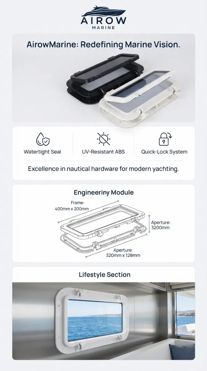 AirowMarine rectangular porthole engineering module with dimensions (Frame: 400mm x 200mm, Aperture: 320mm x 128mm) and key features: Watertight Seal, UV-Resistant ABS, Quick-Lock System, showcasing lifestyle installation on a yacht interior.