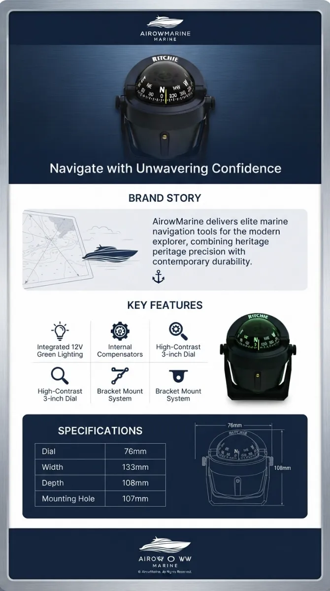 Ritchie B-51 Marine Magnetic Compass Infographic: Key Features (12V Green Lighting, Internal Compensators, 3-inch Dial, Bracket Mount System), Specifications (Dial 76mm, Width 133mm, Depth 108mm, Mounting Hole 107mm)
