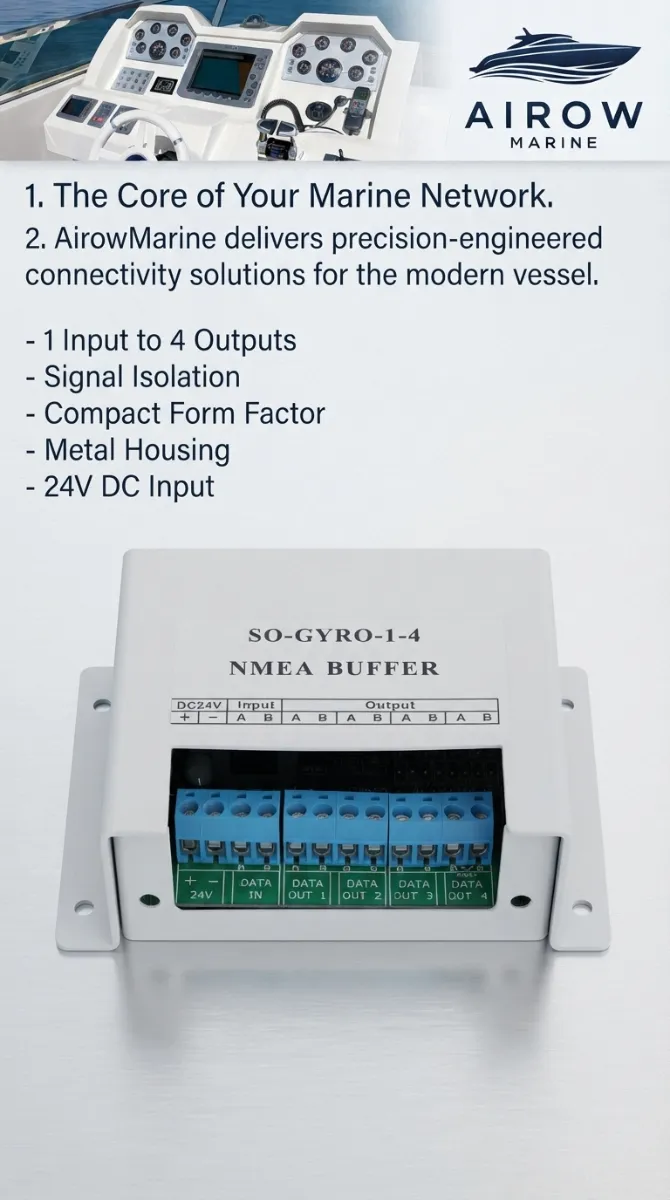 AIROW MARINE. The Core of Your Marine Network. AirowMarine delivers precision-engineered connectivity solutions for the modern vessel. - 1 Input to 4 Outputs - Signal Isolation - Compact Form Factor - Metal Housing - 24V DC Input. SO-GYRO-1-4 NMEA BUFFER with DC24V Input and Output A B connections, DATA IN, DATA OUT 1, DATA OUT 2, DATA OUT 3, DATA OUT 4.