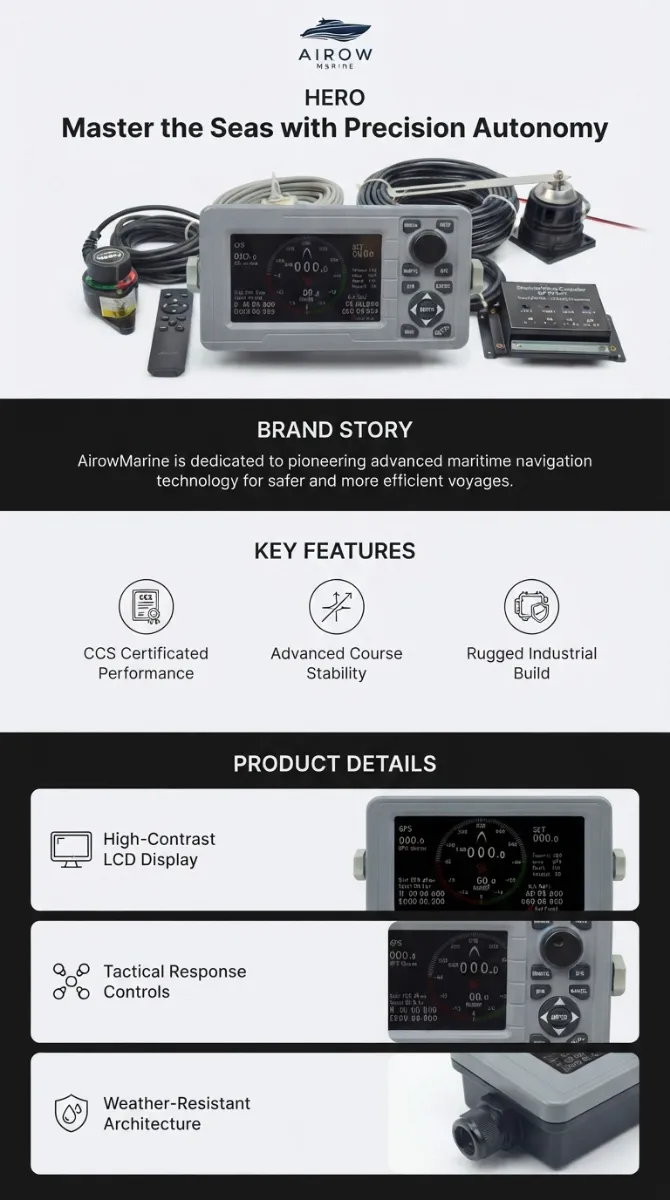 Infographic: AIROW HERO Marine Autopilot System. Shows the SY-298B master control unit, remote control, electronic compass sensor with GPS, and rudder feedback unit. Highlights CCS Certificated Performance, Advanced Course Stability, Rugged Industrial Build, High-Contrast LCD Display, Tactical Response Controls, and Weather-Resistant Architecture.