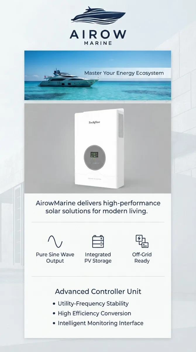 AIROW MARINE Off-Grid Solar Inverter features: Pure Sine Wave Output, Integrated PV Storage, Off-Grid Ready, Utility-Frequency Stability, High Efficiency Conversion, Intelligent Monitoring Interface with yacht lifestyle image